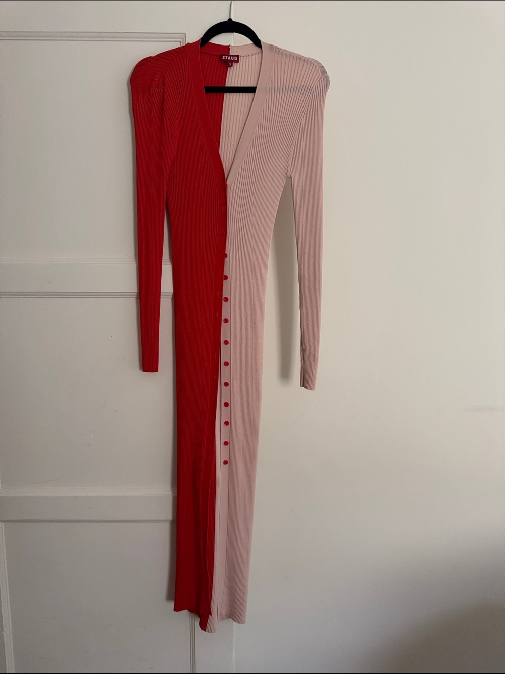 STAUD Two-Tone Red & Pink Ribbed Button-Front dress